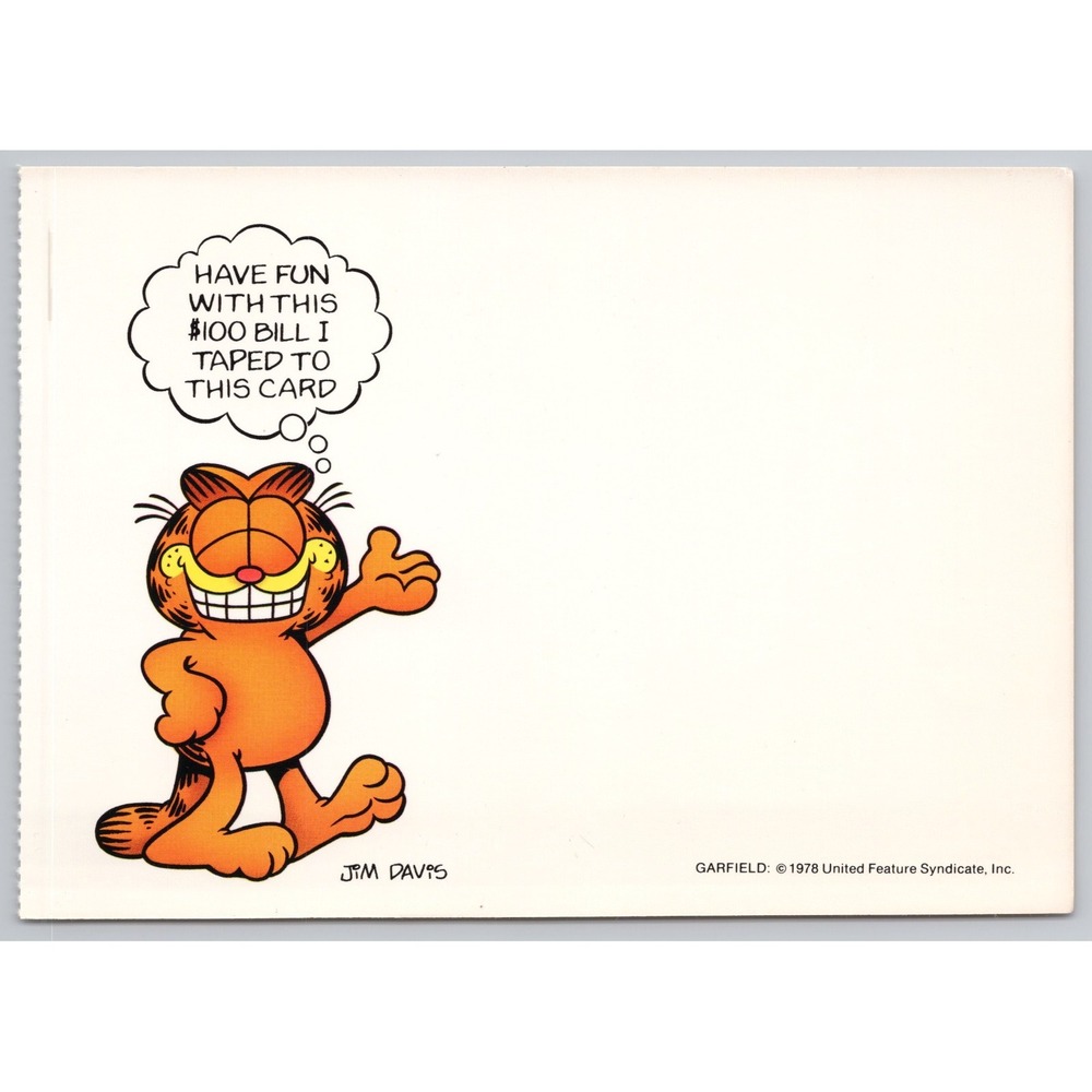 Vintage 1978 Garfield Postcard Jim Davis Have Fun With This $100 Bill B1-1